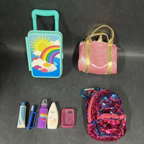 8 Doll Accessories Travel Lot Rolling‎ Luggage,Purse,Backpack,Toothbrush Set Etc - Picture 1 of 12